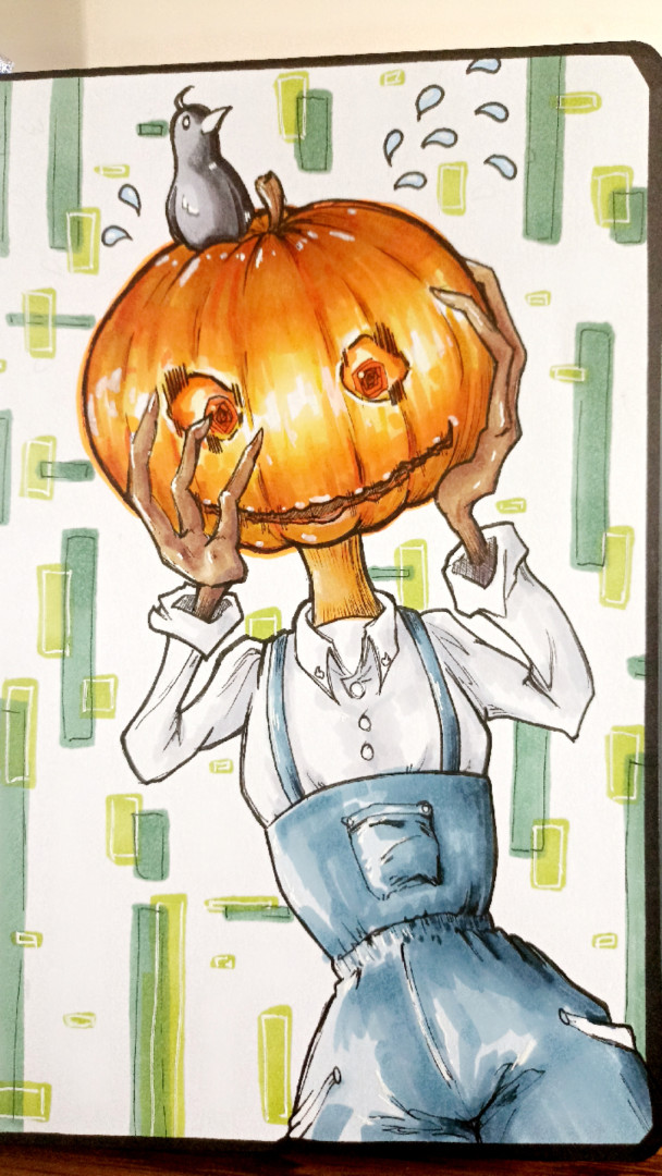 I was reborn as a hokkaido pumpkin scarecrow on Hokkaido in Oktober - but the crows are not scared,  i am!